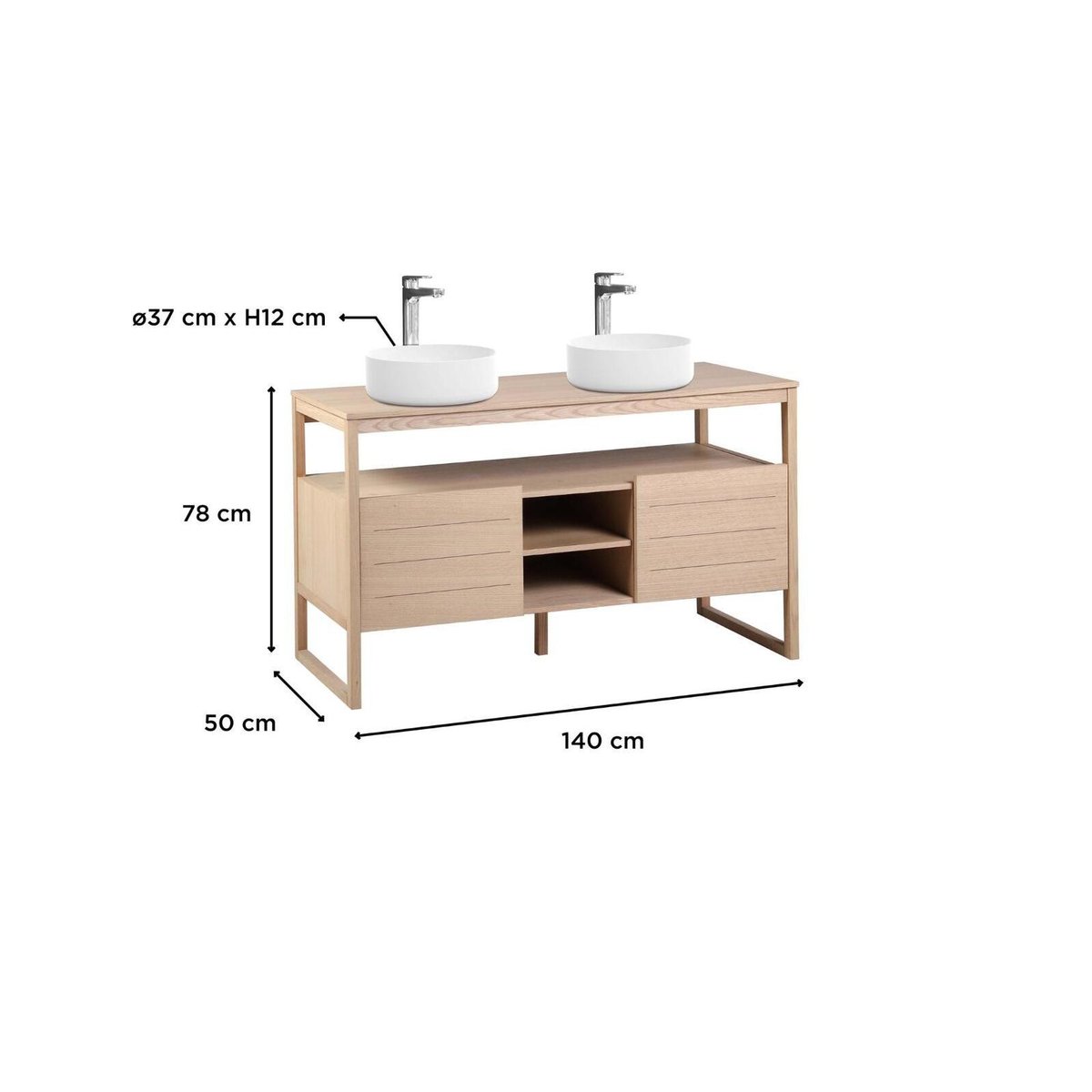Meuble double vasque 140cm chêne robinets blanche ATOLL chêne, MOB IN