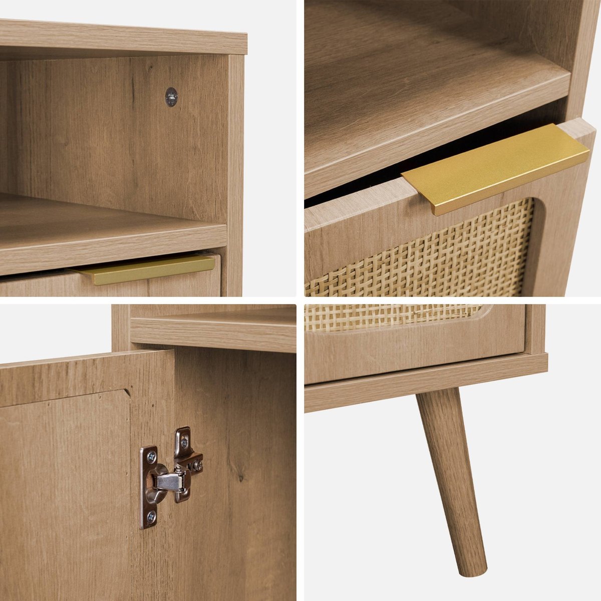Table de chevet décor bois et cannage arrondi 1 porte EVA naturel, SWEEEK