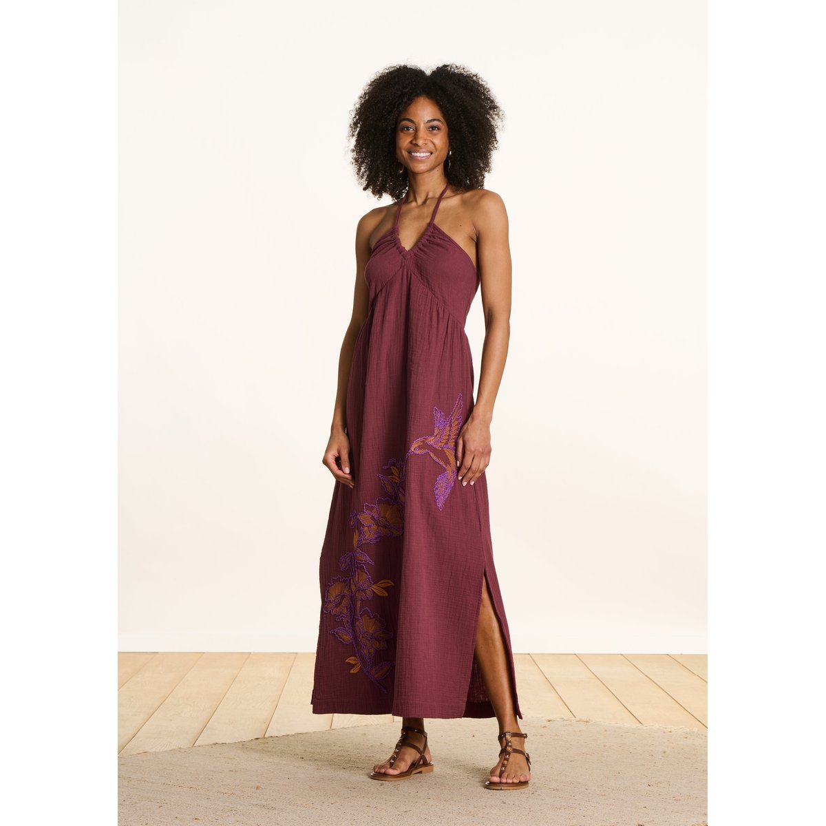 Robe longue bustier en gaze de coton brodée mahogany, LA FEE MARABOUTEE
