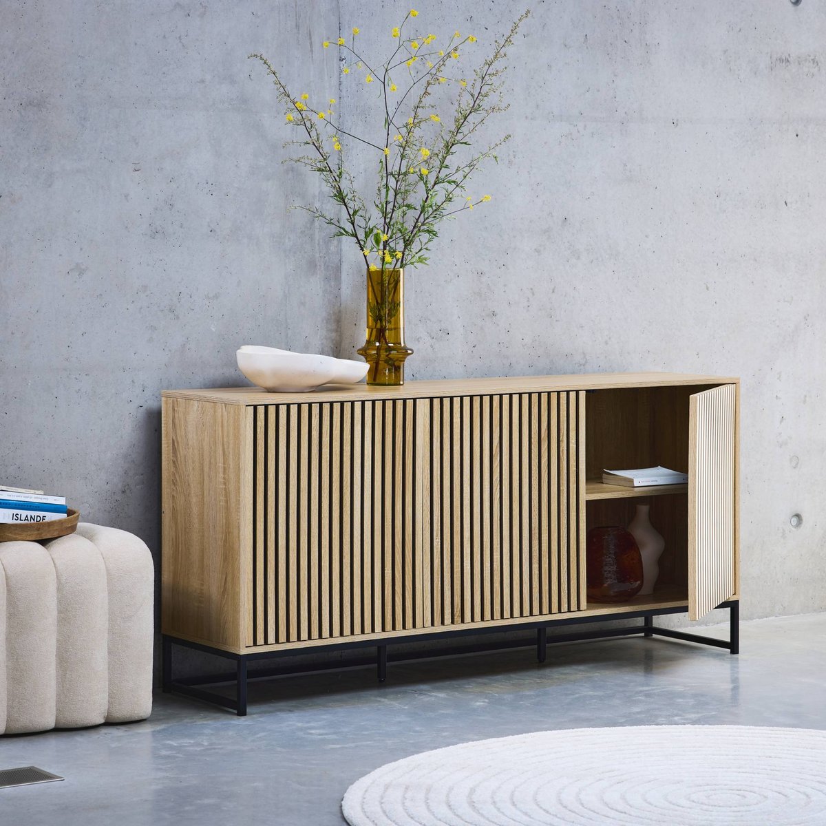 Buffet décor bois rainuré et métal 3 portes 160cm LISBONNE naturel, SWEEEK