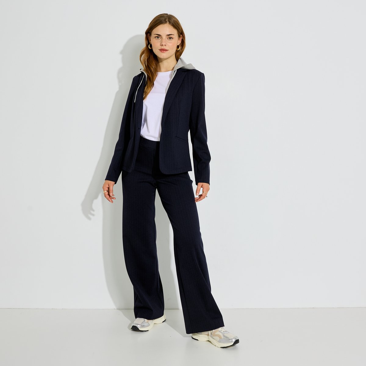 Veste blazer maille rayé à capuche bleu marine, GRAIN DE MALICE