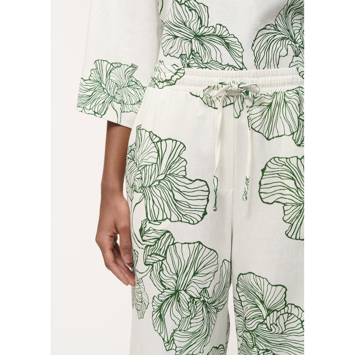 Pantalon large lin imprimé off white/vert mousse, HUMILITY