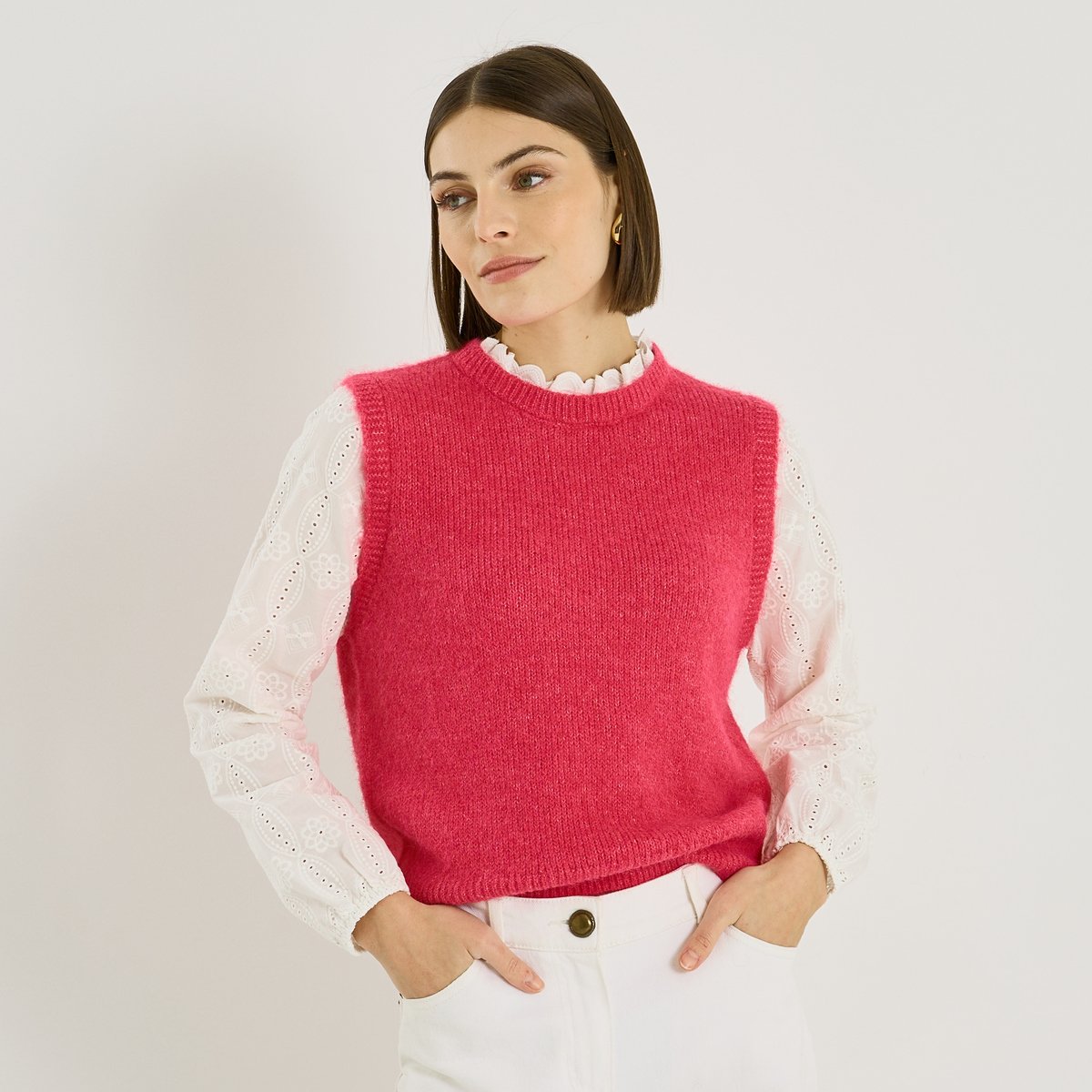 Pull bi-matière col montant rose fuchsia, GRAIN DE MALICE
