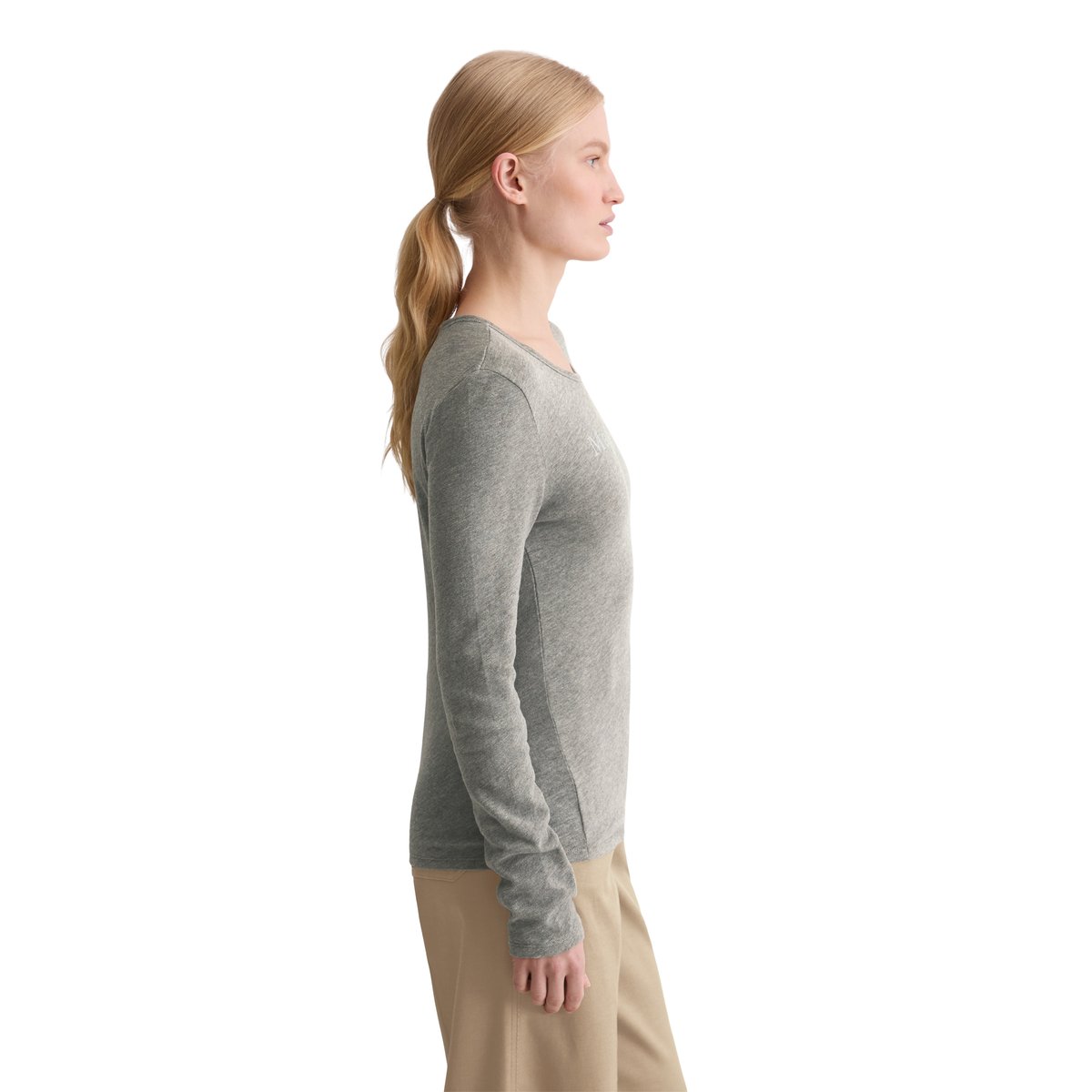 T-shirt long à logo regular en jersey slub gris, MARC O'POLO
