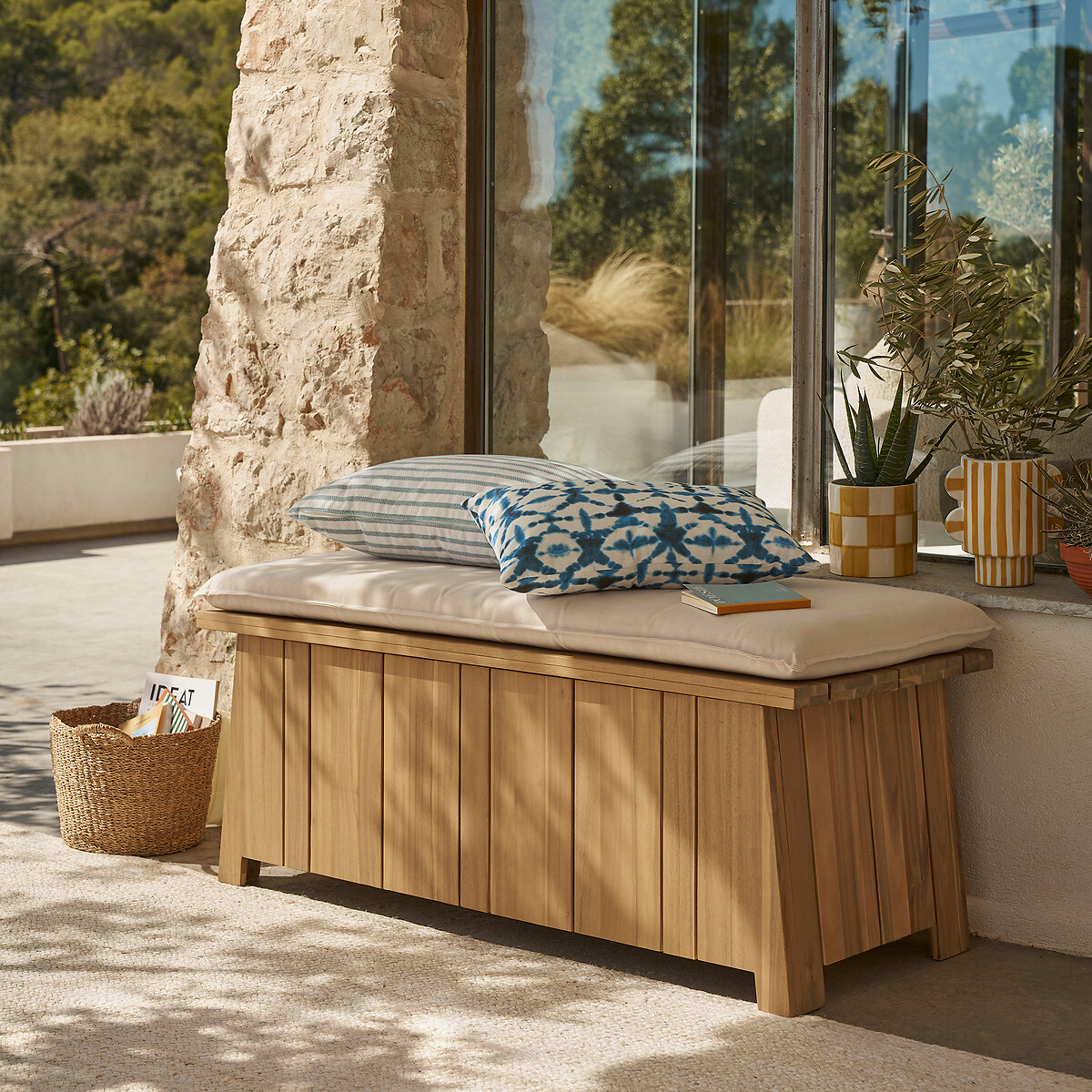 Garten-Truhenbank BRUT aus Akazienholz, mit Kissen akazienholz, LA REDOUTE INTERIEURS