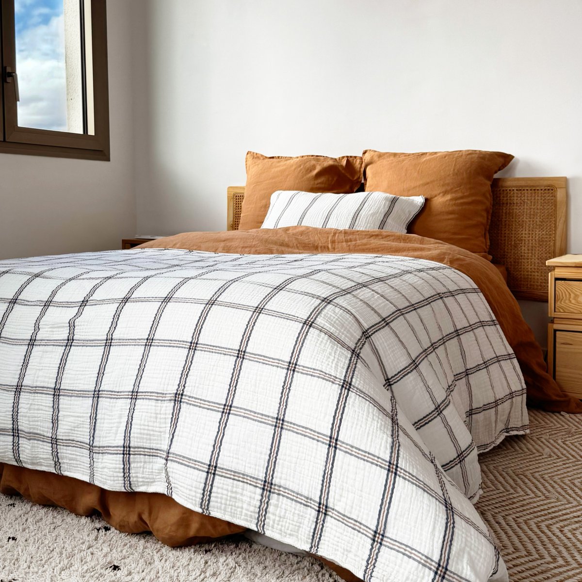 Housse d'édredon en gaze de coton tissée, SIMPLEMENT GAUFRÉ CARREAU bleu jean, BLANC CERISE