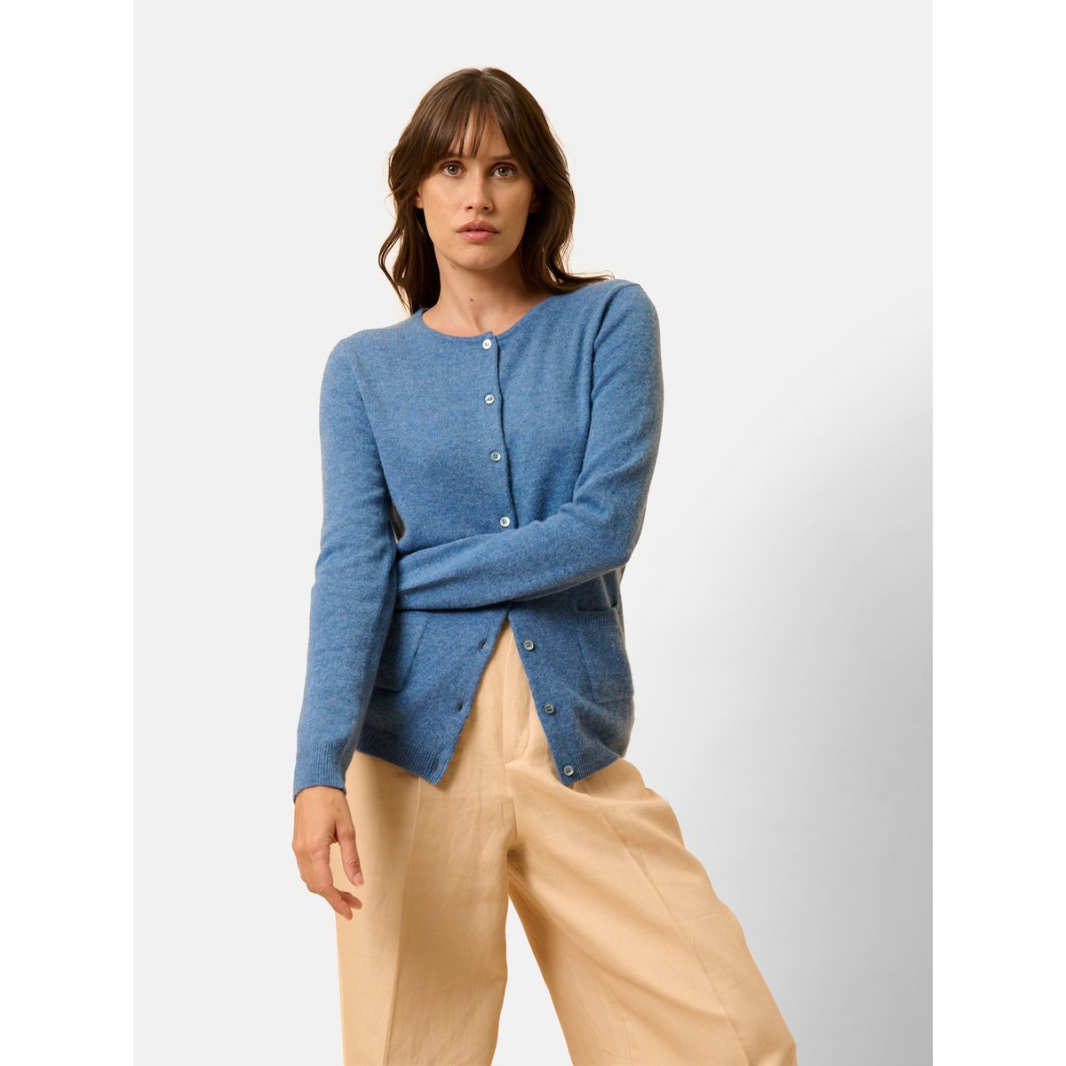 Cardigan Col Rond Bleu Denim Katharine bleu denim, JUST CASHMERE