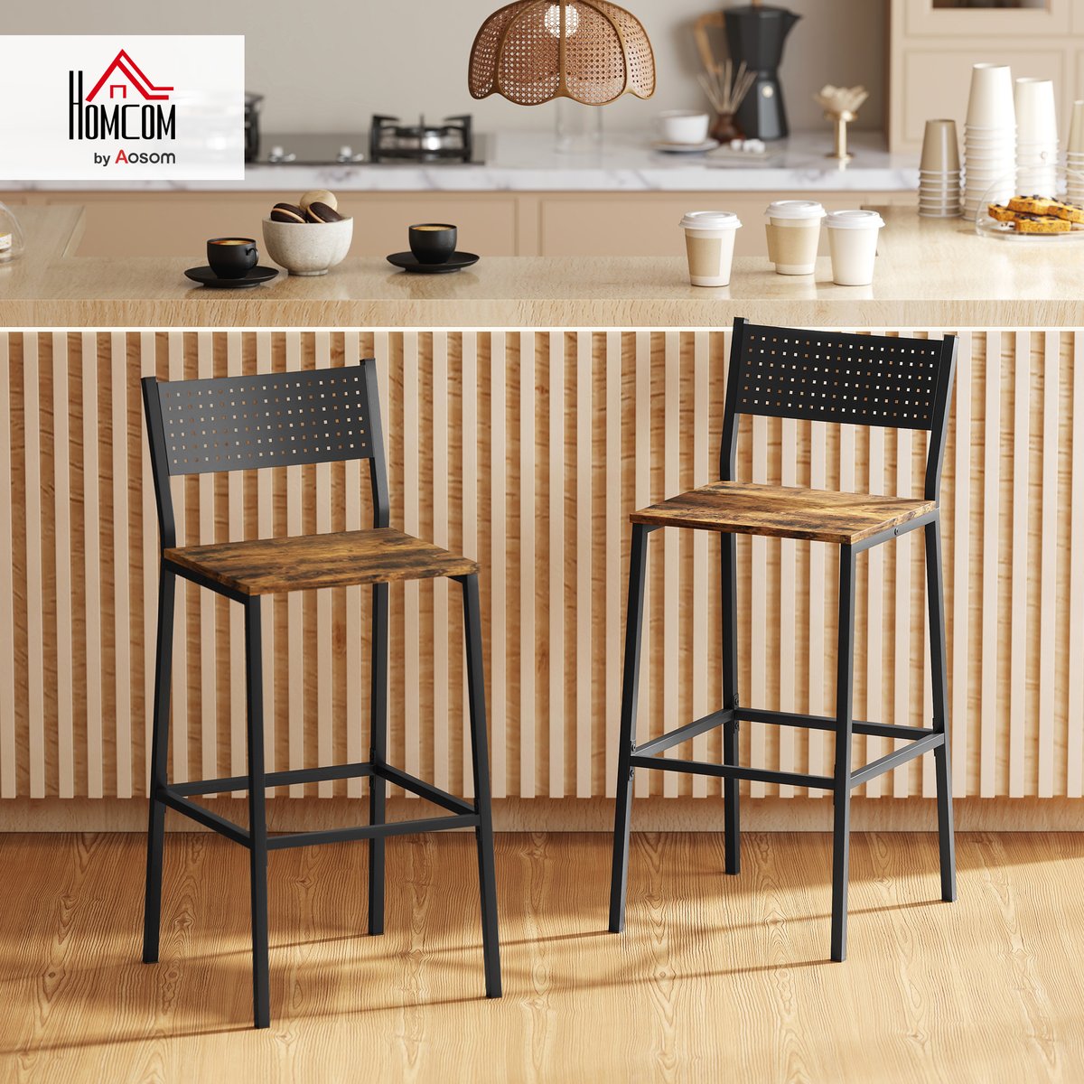 Tabouret de bar Métal Brun Rustique brun rustique et noir, HOMCOM