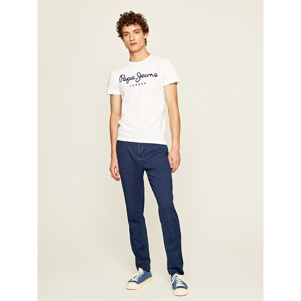 Original Stretch Cotton T-Shirt with Logo Print and Crew Neck white, PEPE JEANS