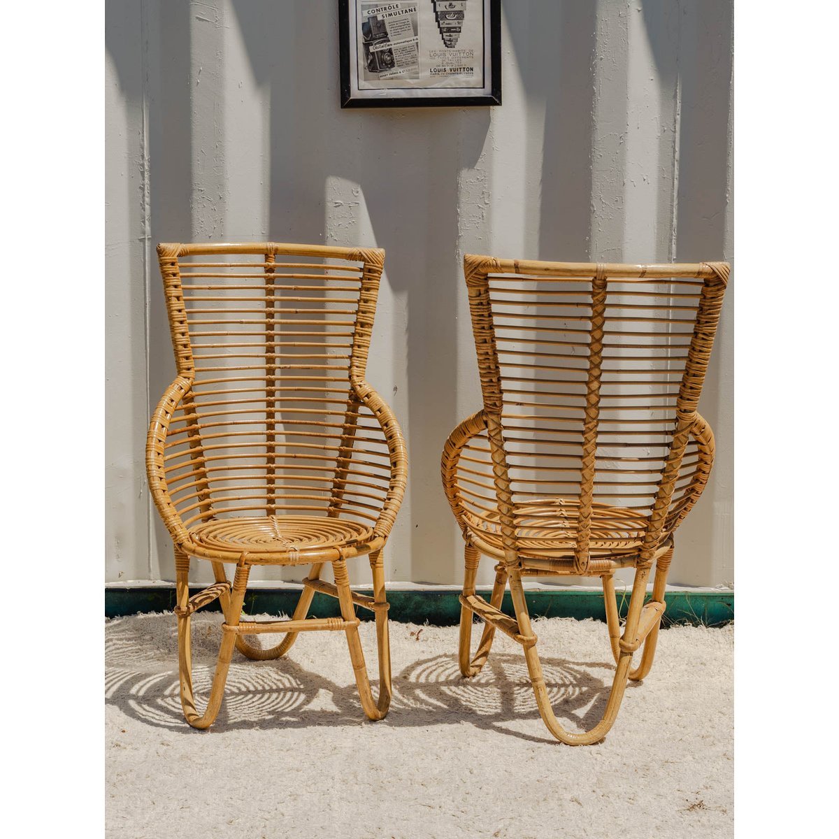 Ensemble de table et fauteuils en rotin Ange N°24 - Bon état bois clair, DEBONGOUT
