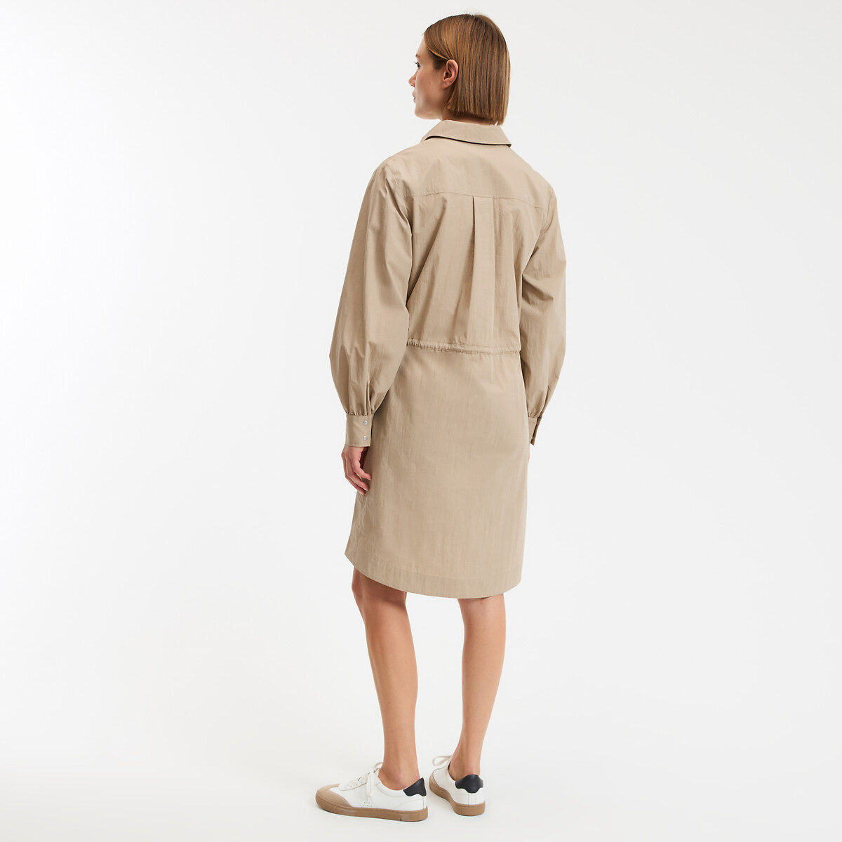 Robe courte manches longues à taille coulissée beige, LA REDOUTE COLLECTIONS