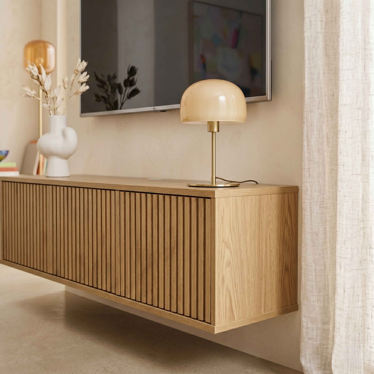 Meuble TV suspendu effet bois clair 120 cm style scandinave, IVY bois clair, OVIALA