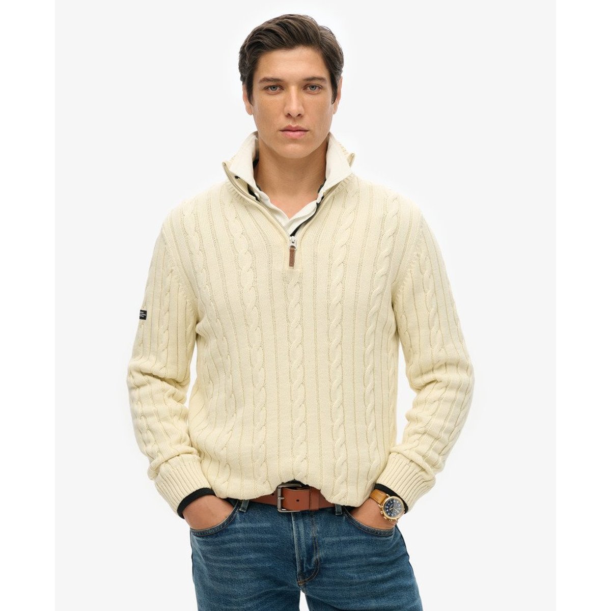Pull en coton torsadé à col zippé Classic crème, SUPERDRY
