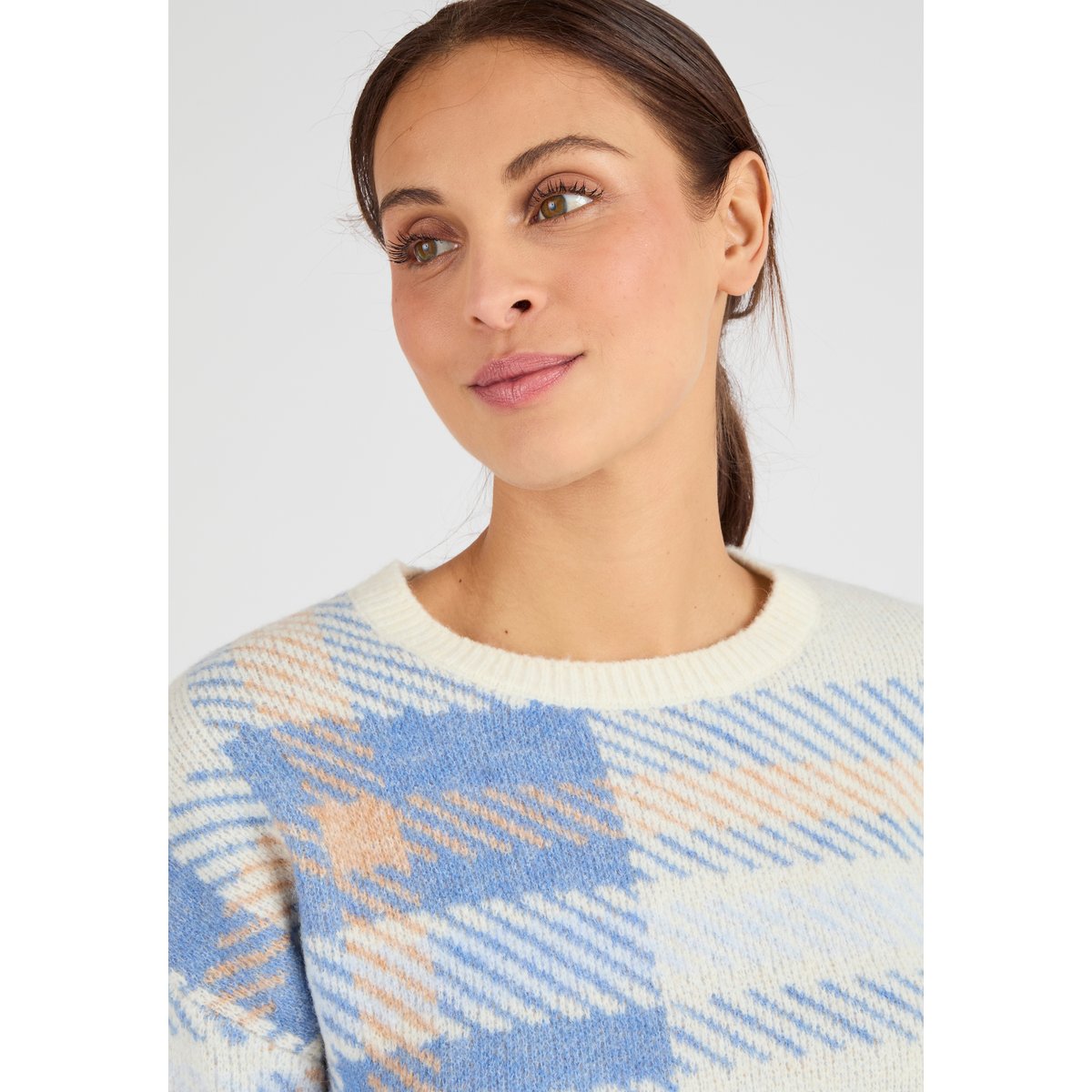 Pull jacquard à carreaux Thermolactyl marron beige carreaux, DAMART