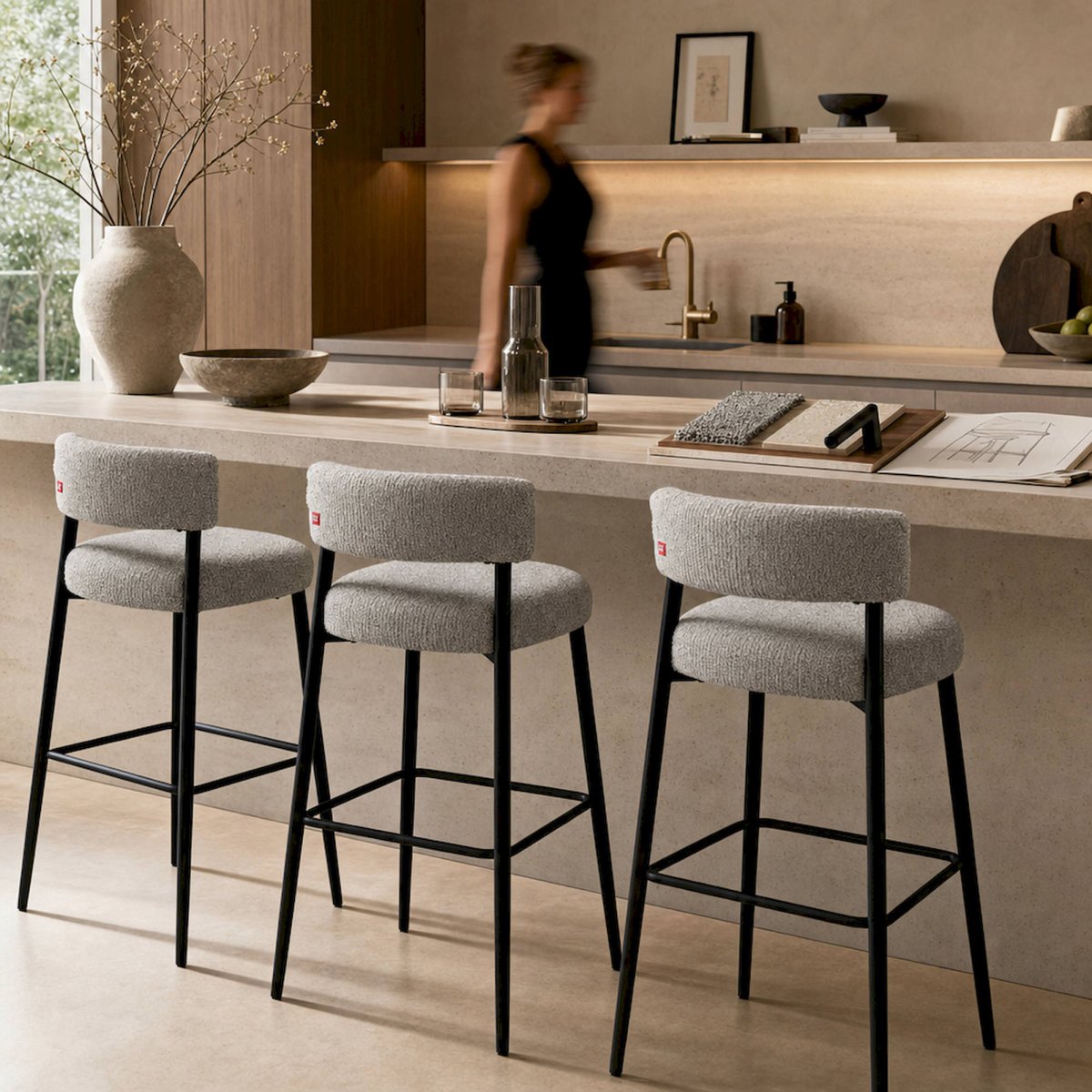 Tabouret de bar contemporain collection S.MERANO vert marbré et noir, RECOLLECTION