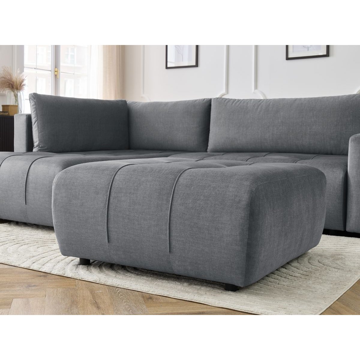 Canapé d'angle convertible 4 places en velours avec pouf, ARSENE gris foncé, BOBOCHIC