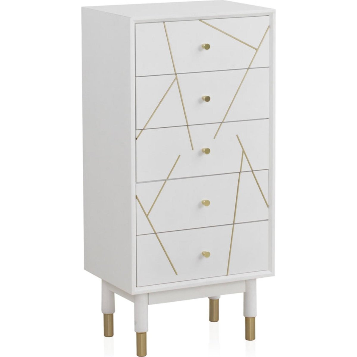 Chiffonnier laqué à détails dorés, 5 Tiroirs blanc mat avec détails dorés, RECOLLECTION