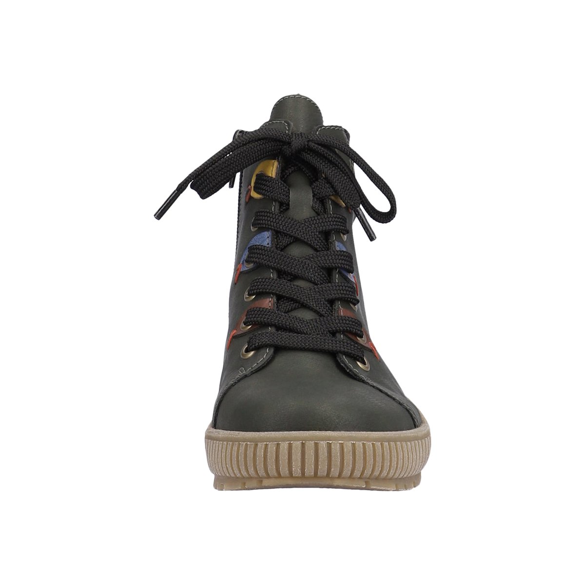 Bottines kaki à talon plat et à lacets et zip latéral avec oeillets colorés kaki, RIEKER
