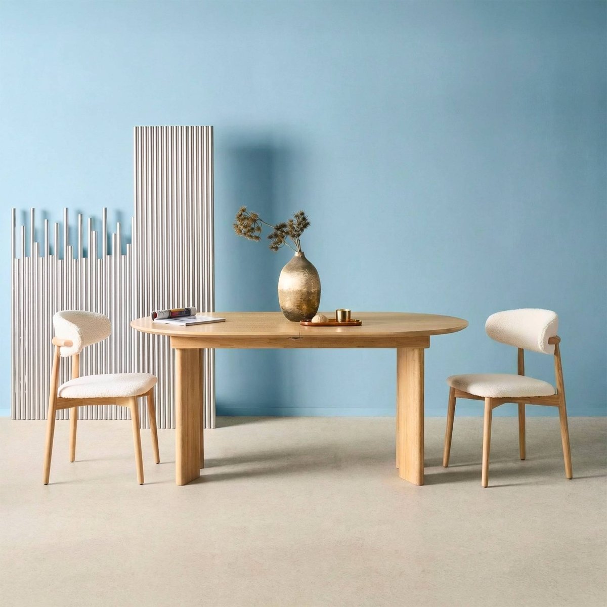 Table à manger oblongue extensible bois d'hévéa et placage chêne 6-8 places ALBANE naturel, SWEEEK