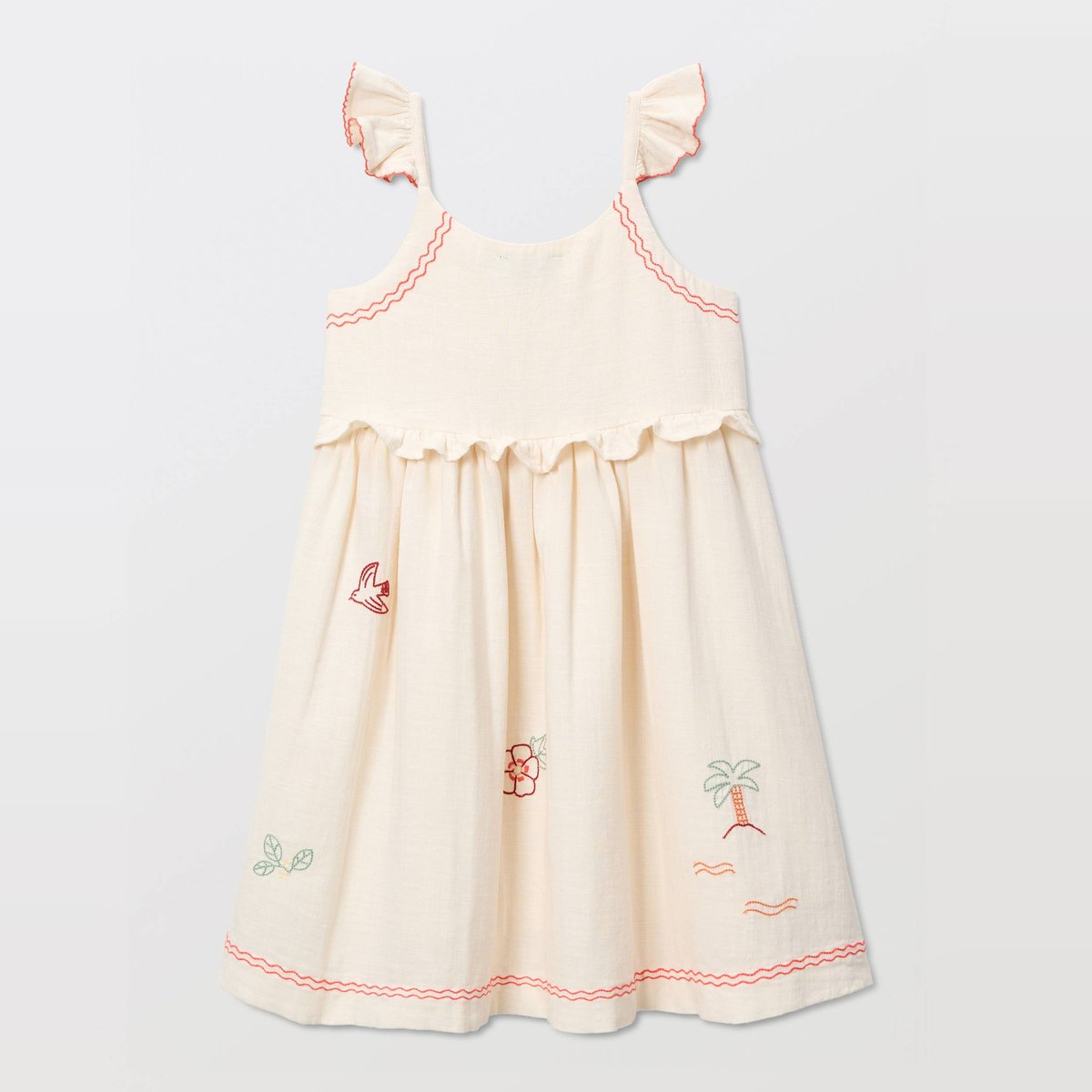Robe à bretelles brodée en coton amaretti, MONOPRIX