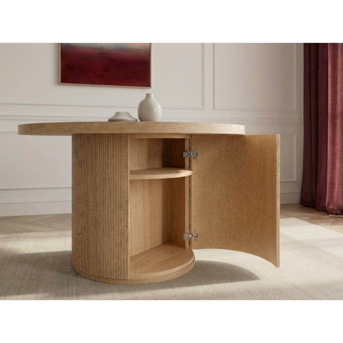 Table à manger ronde extensible 120 à 204 cm PRADO placage chêne massif avec rangements marron clair, BOBOCHIC