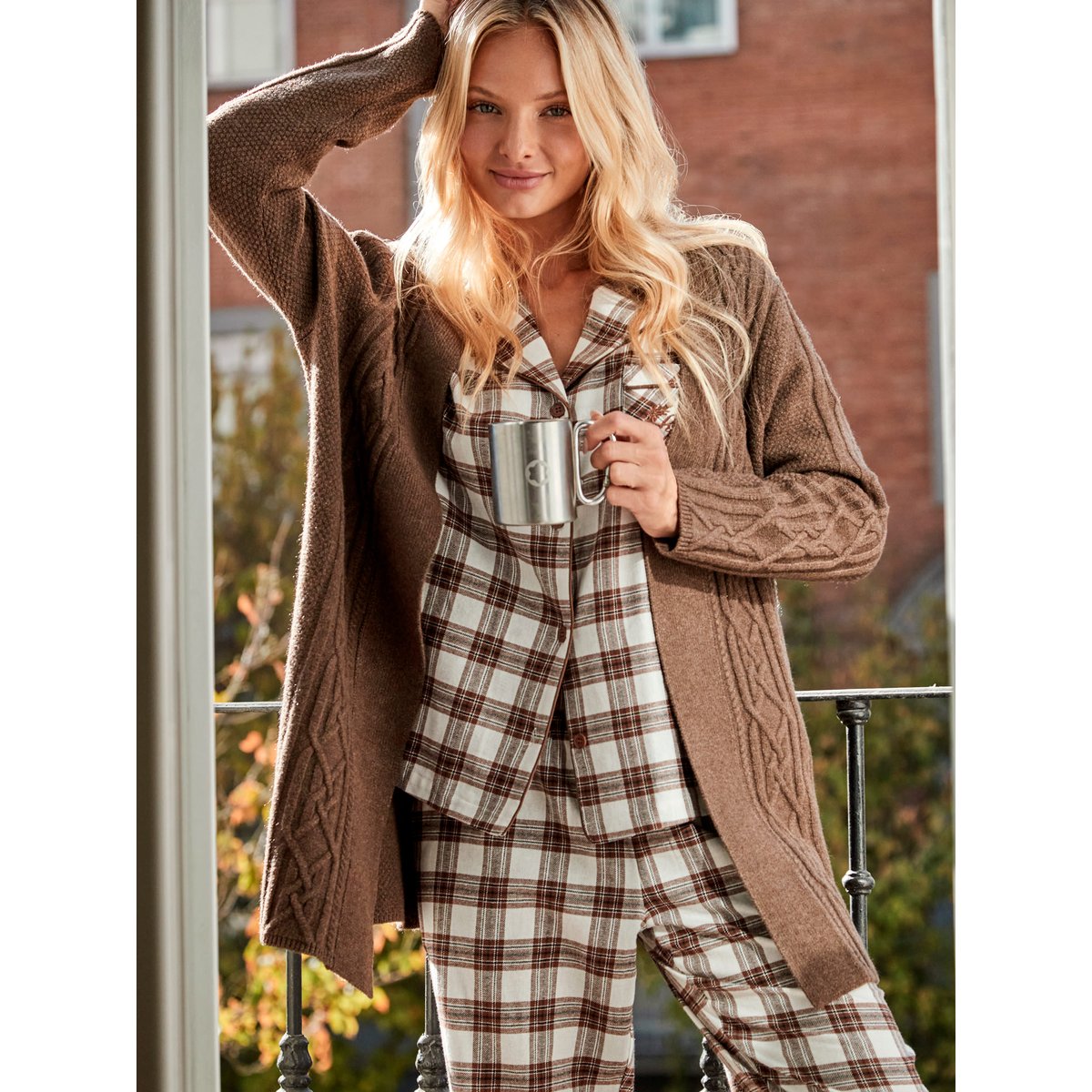 Pyjama pantalon chemise manches longues Classic Cocoa marron, SELMARK