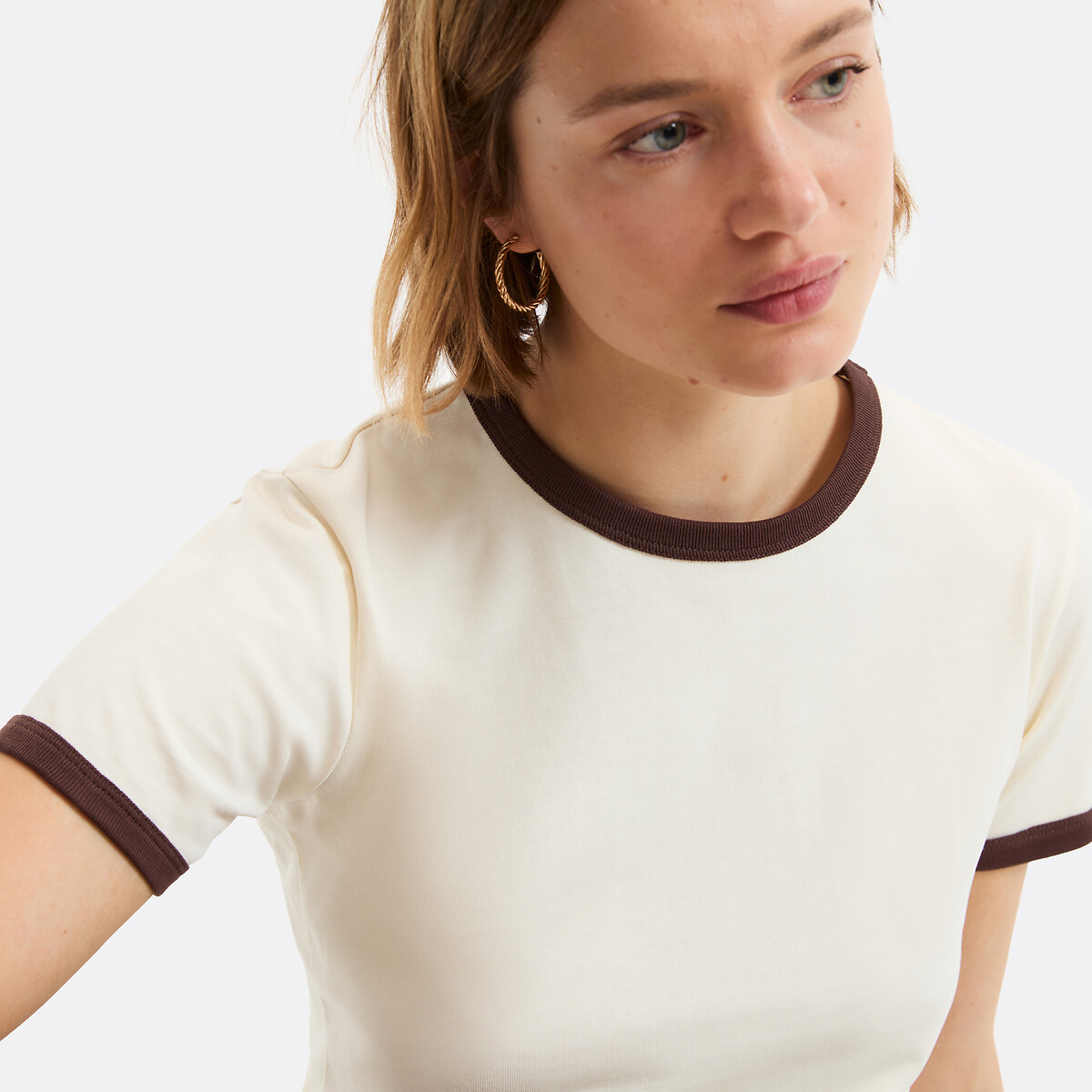 Short Sleeve Crew Neck T-Shirt with Contrasting Trim ecru , LA REDOUTE COLLECTIONS