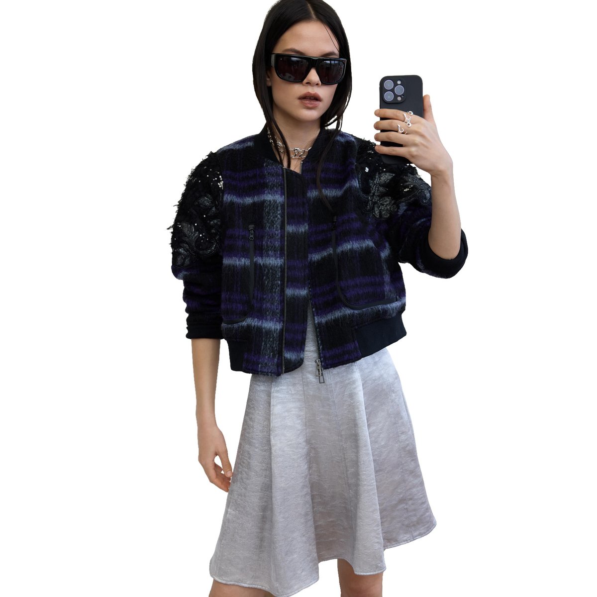 Blouson bomber à carreaux brodé rouge, DESIGUAL