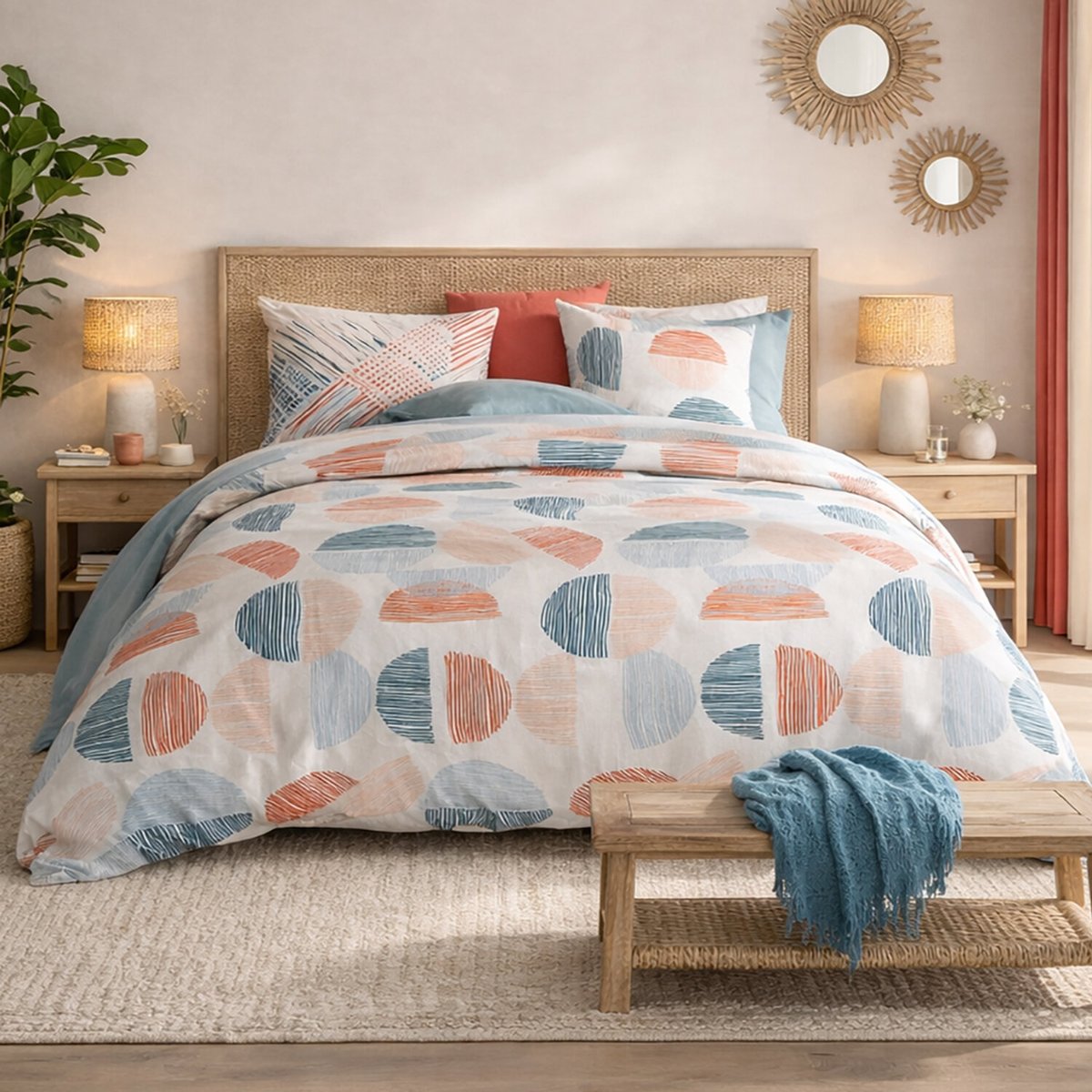 Parure housse de couette en coton imprimée, Halley rouge, C DESIGN HOME TEXTILE
