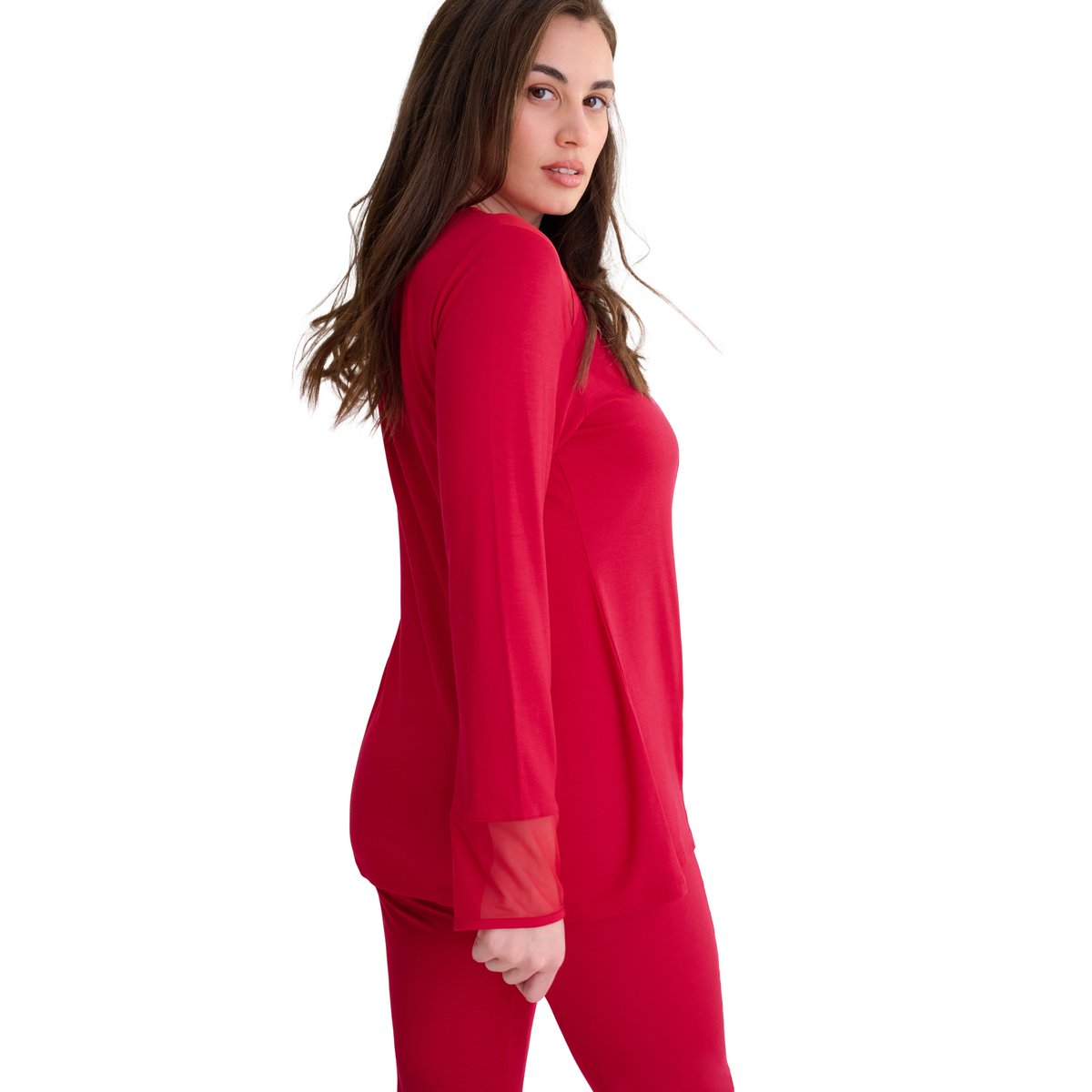 Pyjama pantalon évasé tunique manches longues ROXANNE rouge, LISCA