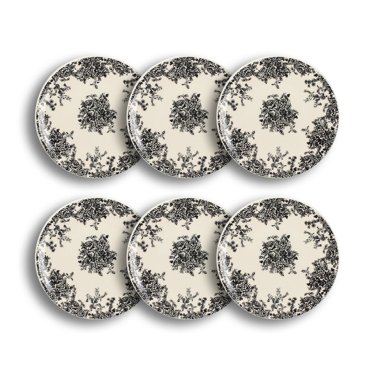 Lot de 6 assiettes à dessert en grès 19,5cm, FLORALI noir, NOVASTYL
