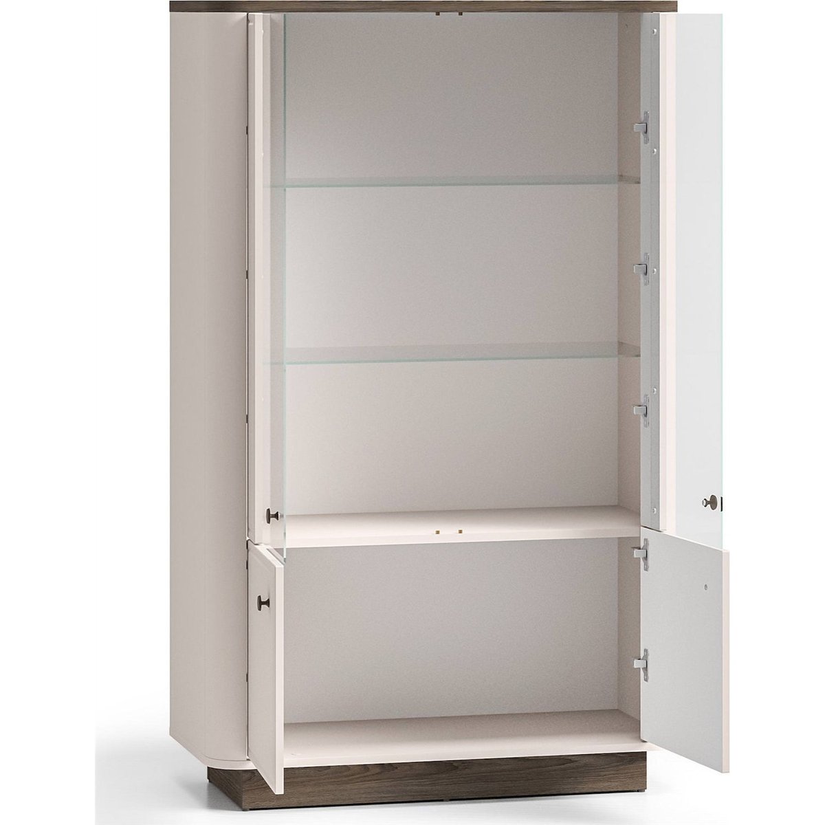 Vitrine basse 4 portes éclairée VILAVIO beige cachemire et chêne foncé, RECOLLECTION