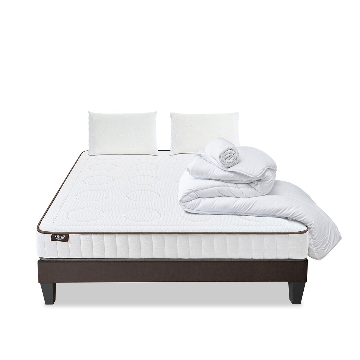Pack Cristal 180x200 cm Matelas Mousse + Sommier Bois + Accessoires blanc, OLYMPE LITERIE