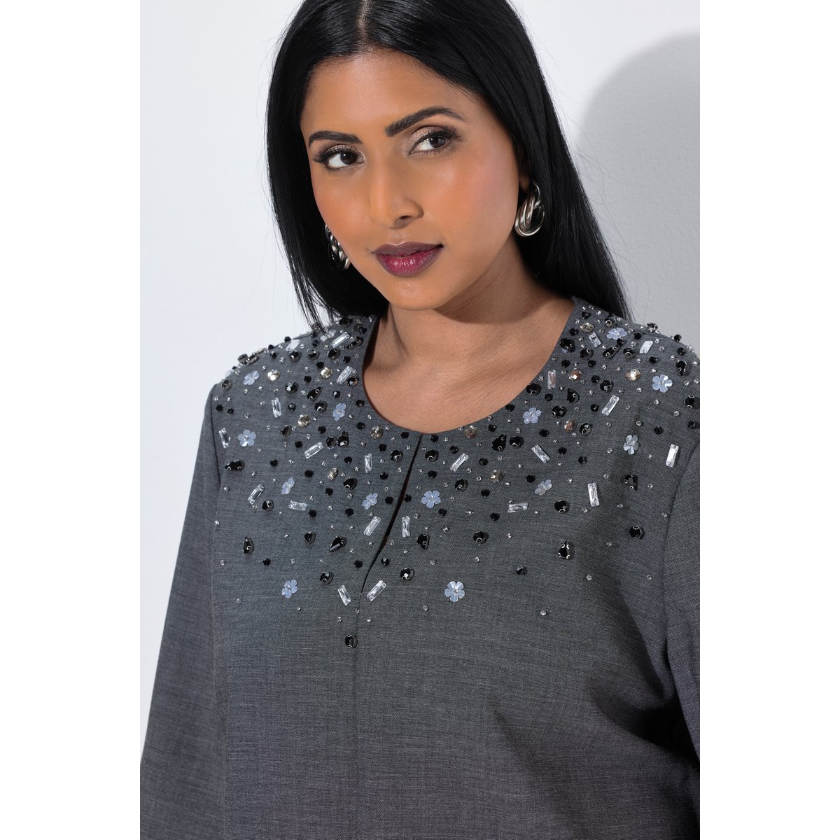 Blouse avec pierres fantaisie gris chiné, ULLA POPKEN