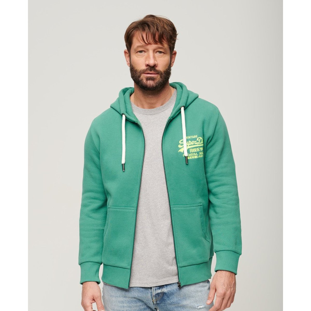 Sweat zippé à capuche avec logo vintage fluo vert galvanisé, SUPERDRY