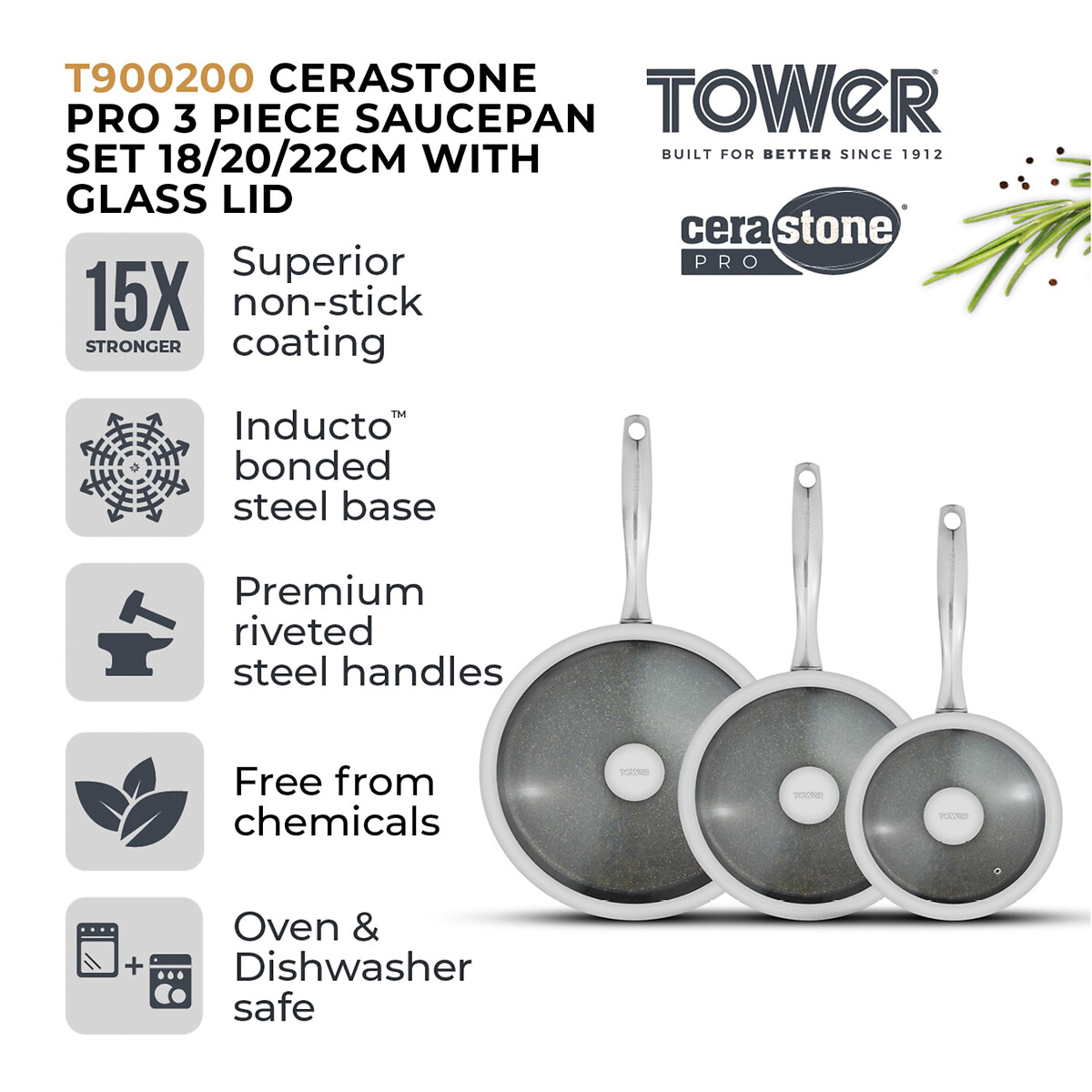 3-Piece Cerastone Pro Saucepan Set graphite, TOWER