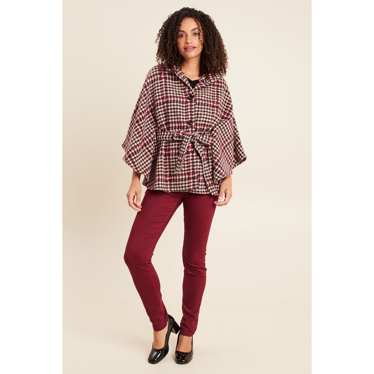 Poncho ceinturé boutonné bordeaux, BREAL