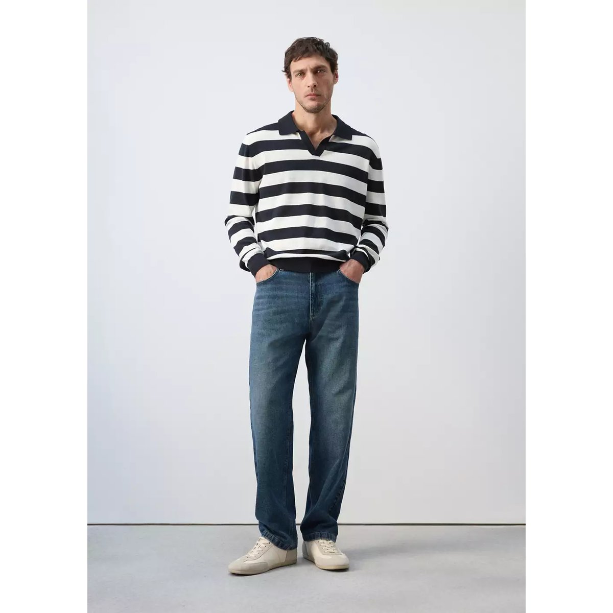 Pull polo maille fine 100 % coton bleu marine, MANGO MAN