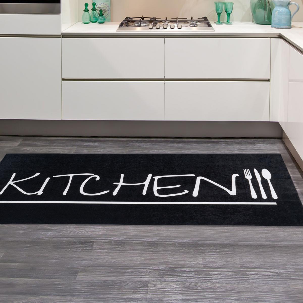 Tapis de cuisine lavable 30° LYN11 IMP noir, blanc, UN AMOUR DE TAPIS