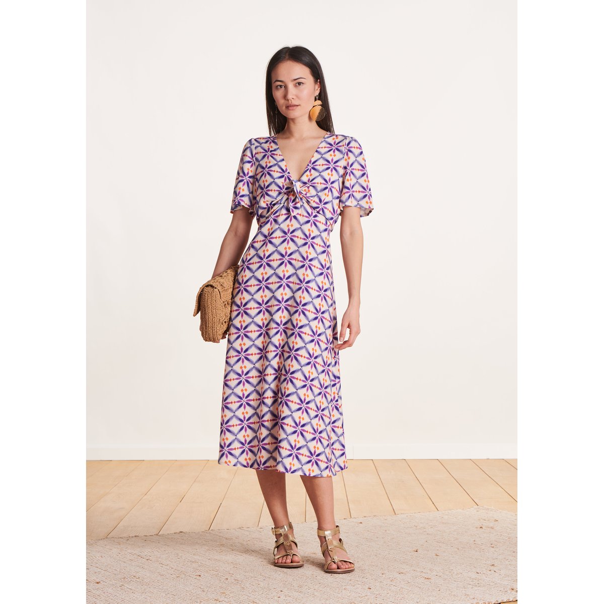 Robe mi-longue à imprimé manches courtes violet, LA FEE MARABOUTEE