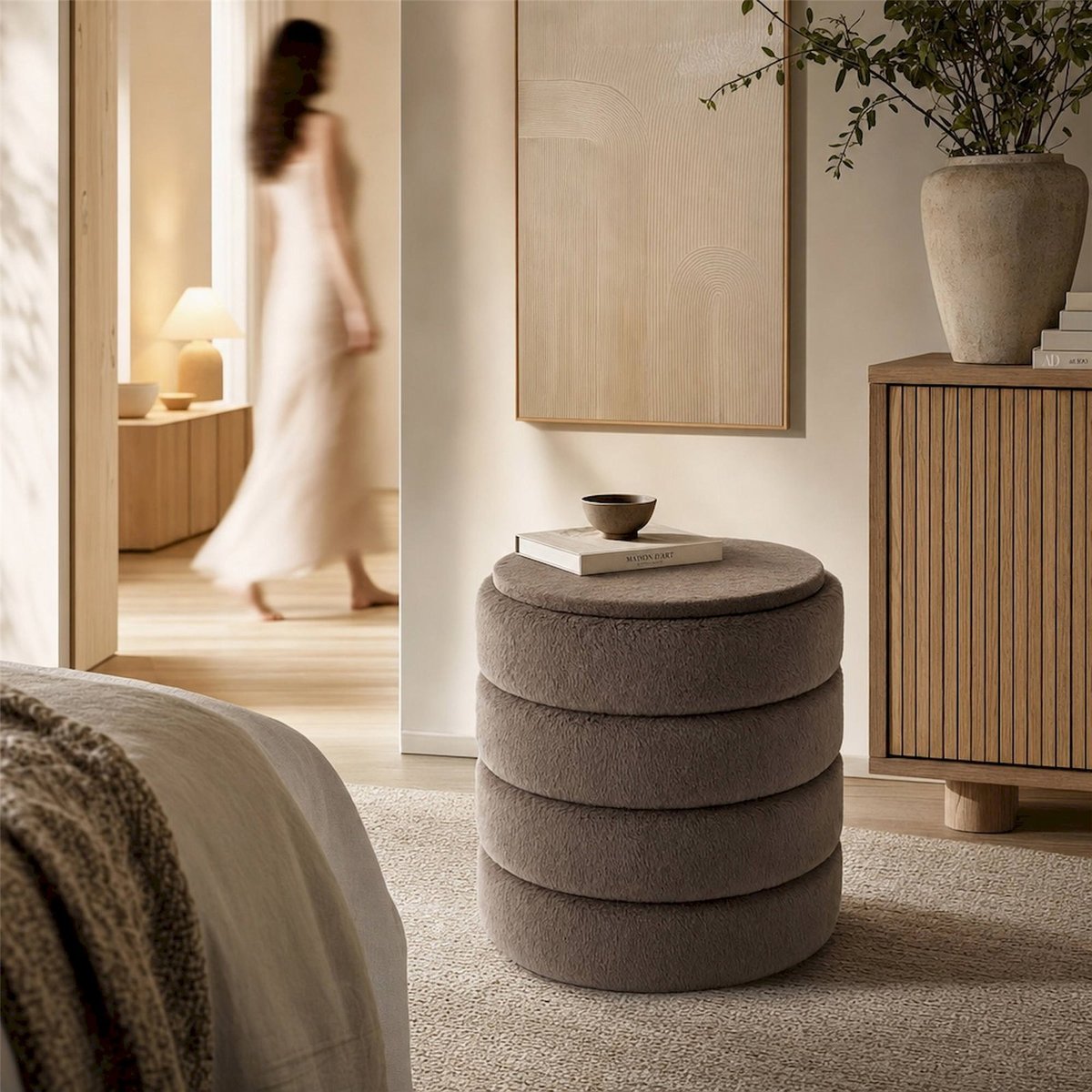 Pouf coffre de rangement en tissu taupe, RECOLLECTION