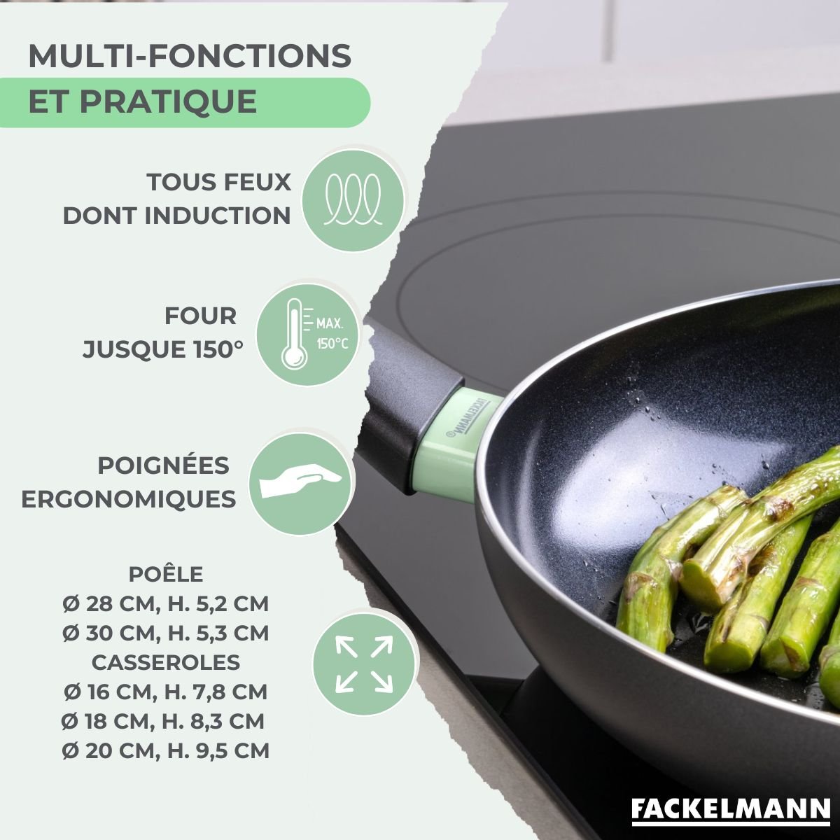 Batterie 2 poêles 28/30cm + 3 casseroles 16/18/20cm BRANDAO noir|vert, FACKELMANN