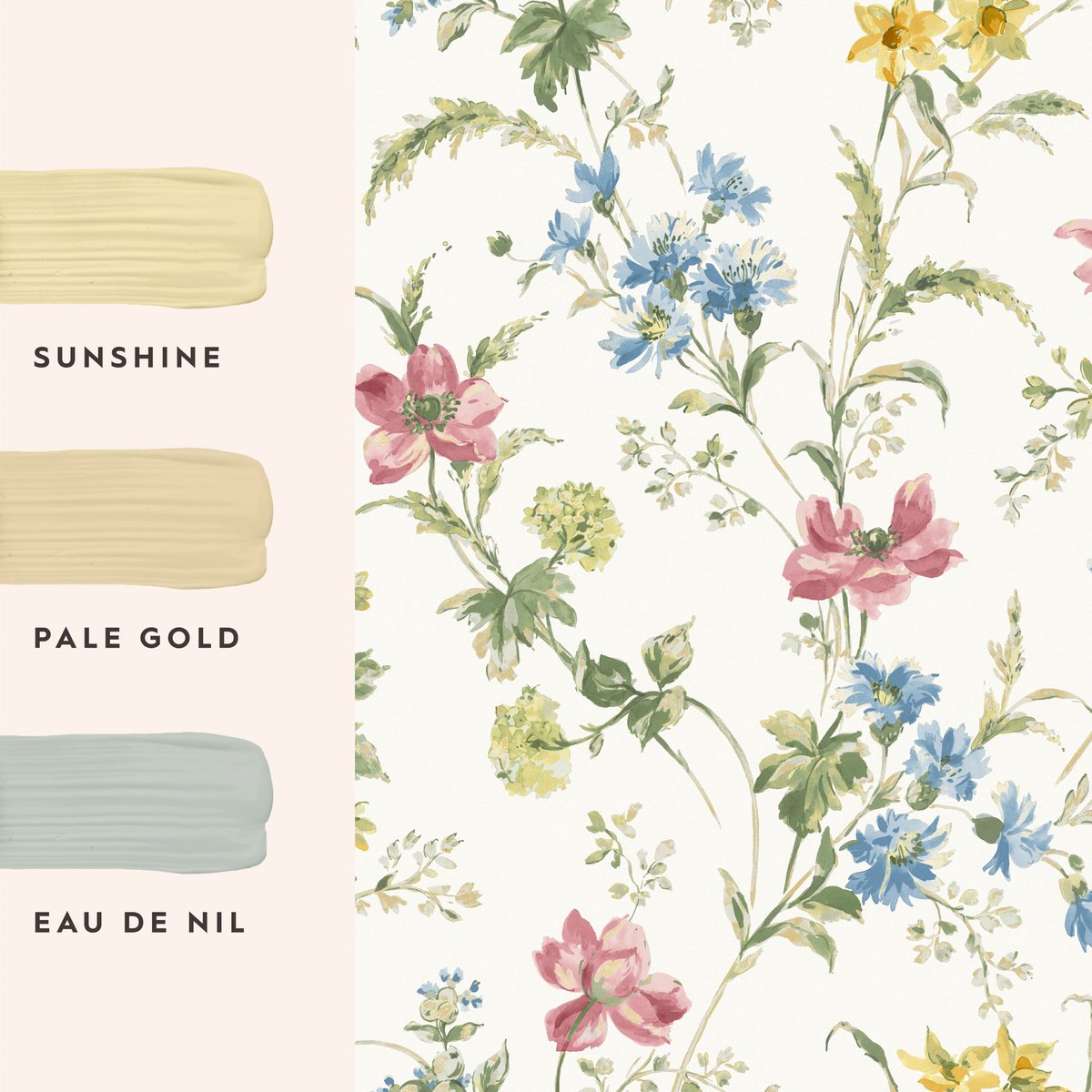 Papier peint fleuri Coquelicots Poppy Meadow rose, vert, bleu, ocre, blanc cassé, LAURA ASHLEY
