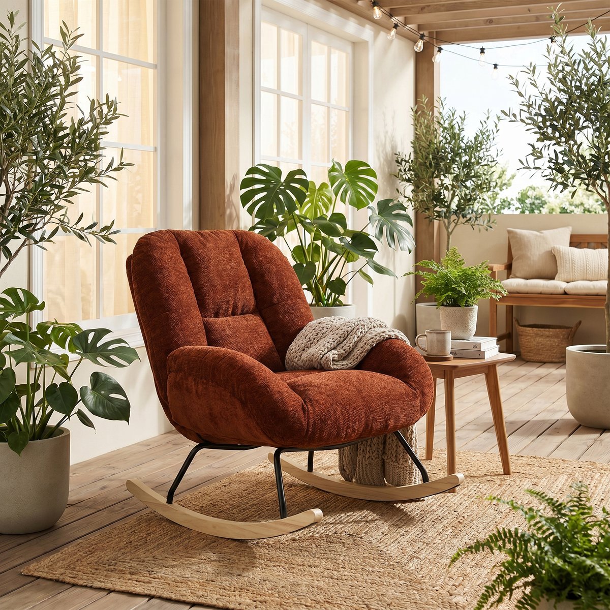 Fauteuil à bascule rocking chair en tissu chenille style scandinave, LITHOPS rouge, MEUBLES COSY