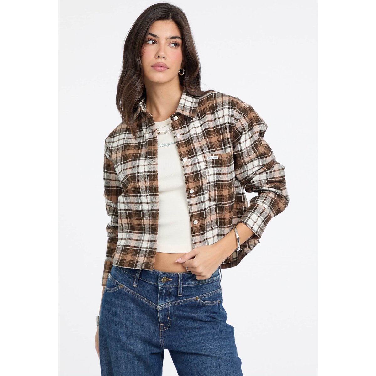 Chemise En Flanelle Coupe Boxy marron multi, GUESS JEANS