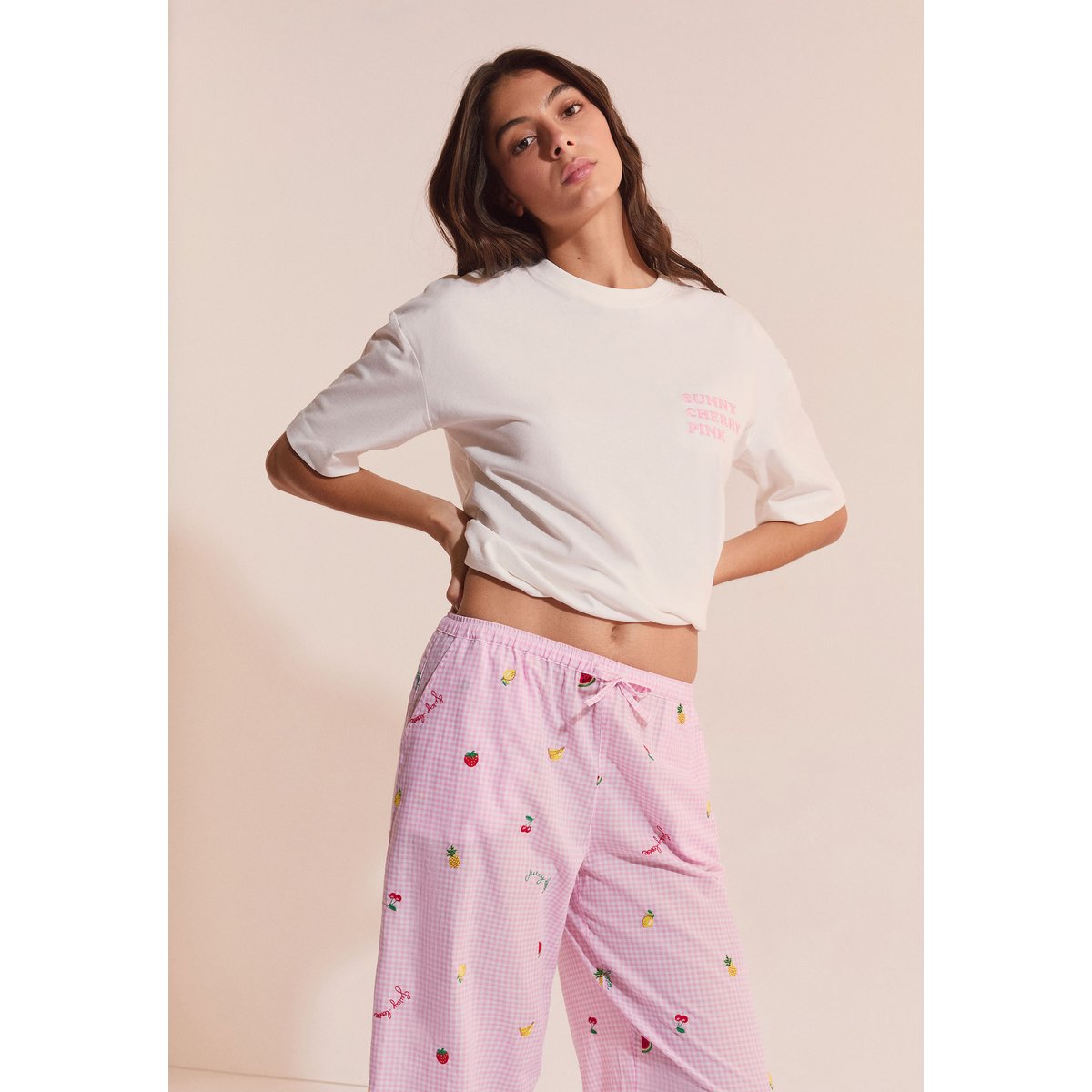 Pantalon vichy à motifs fruits BRISA rose bonbon, ETAM