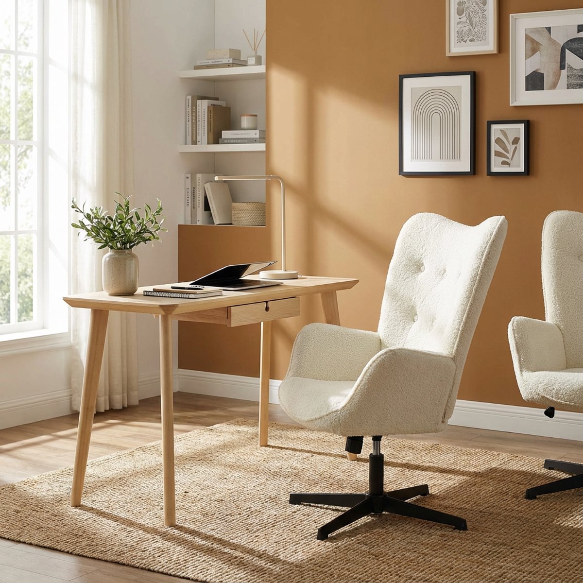 Chaise de bureau rotatif réglable en hauteur en bouclette, FUCHSO beige, MEUBLES COSY