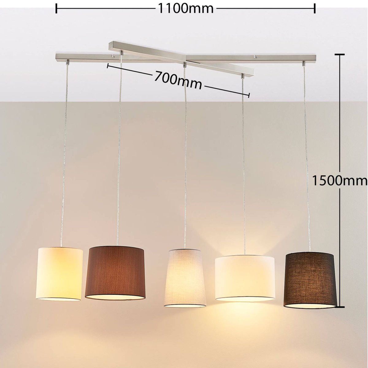 Suspension en textile jeunes, Hermina blanc, marron, gris, beige, noir, nickel satiné, LINDBY