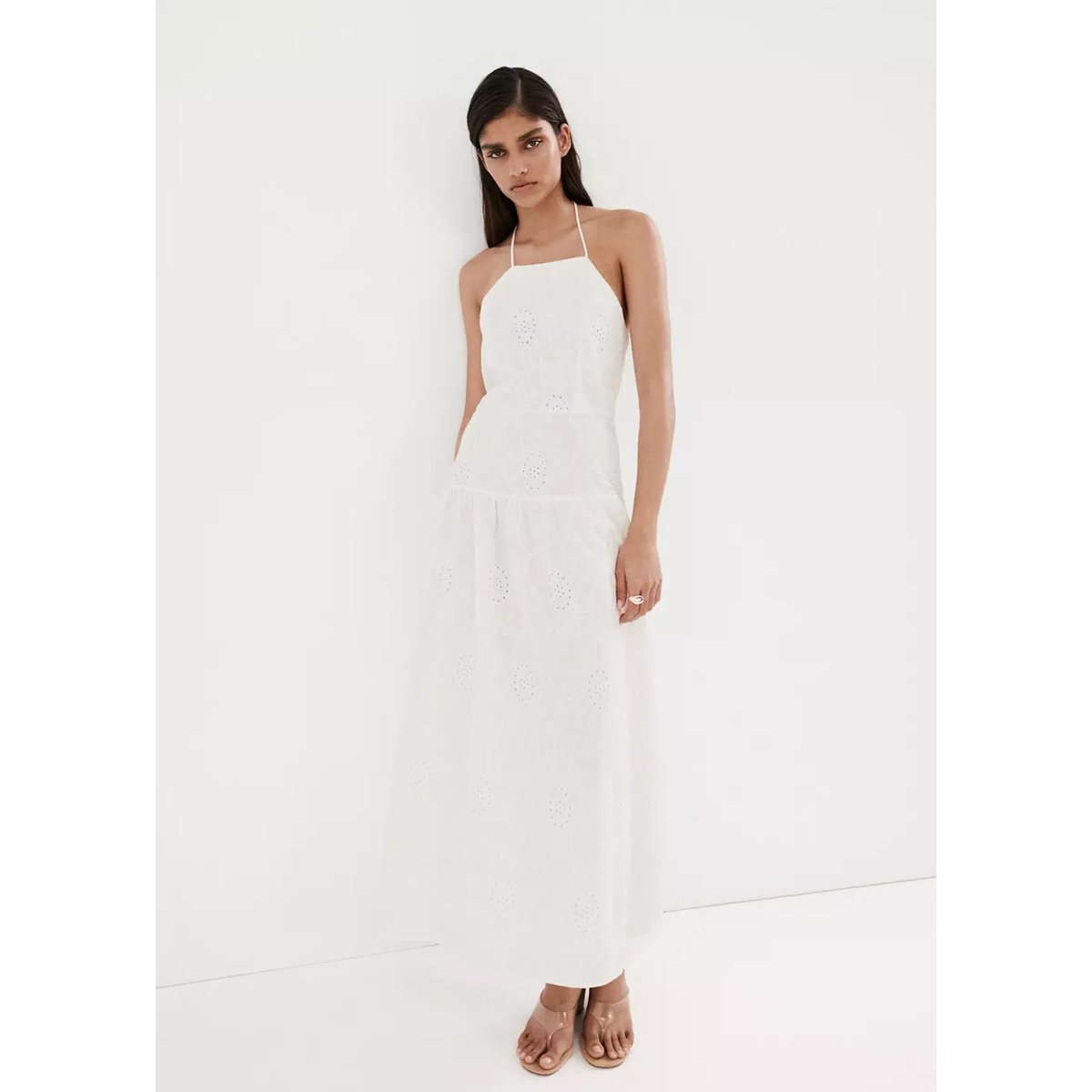 Robe halter avec broderies ajourées blanc cassé, MANGO