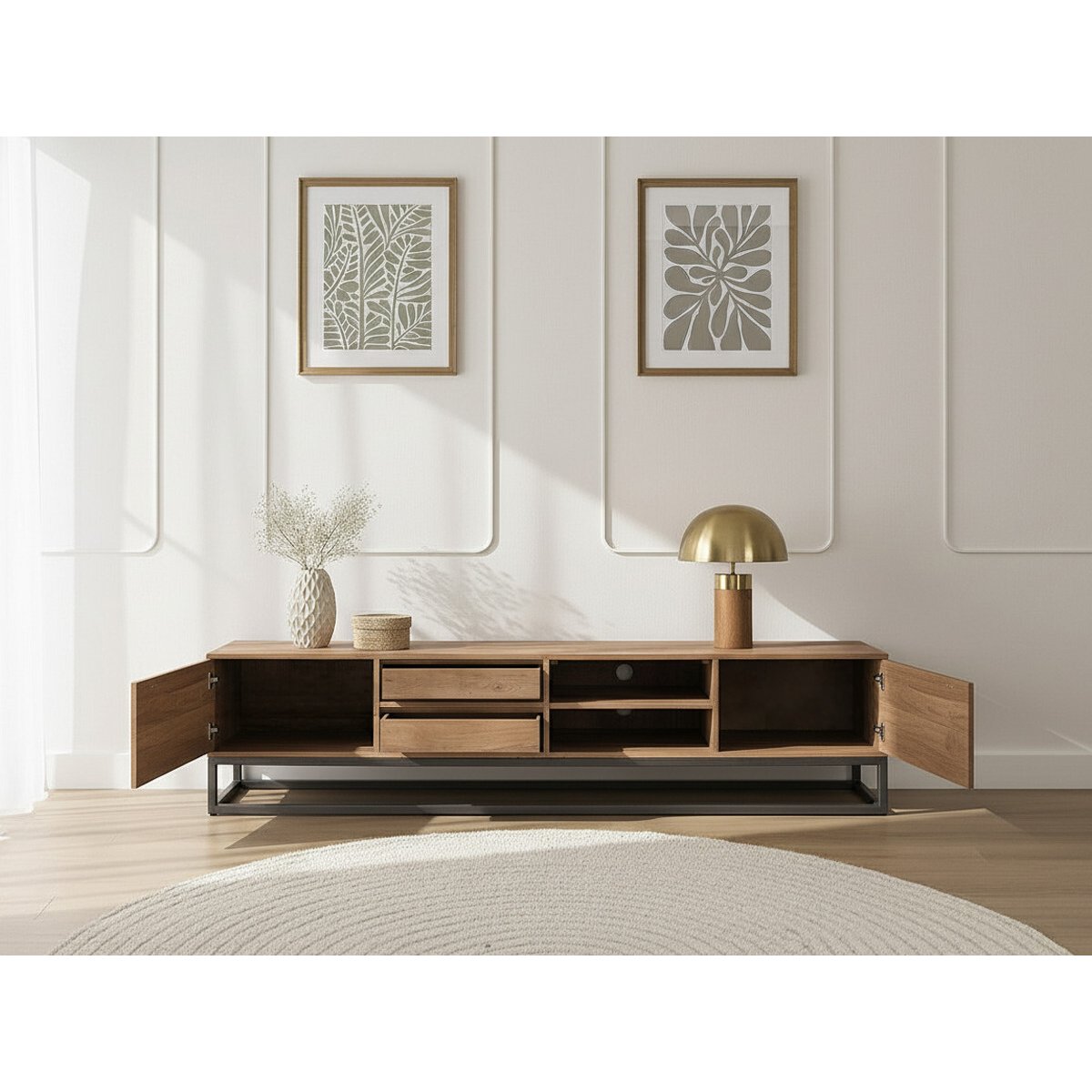 Meuble TV 200 cm bois massif, BERGERAC marron clair, BOBOCHIC